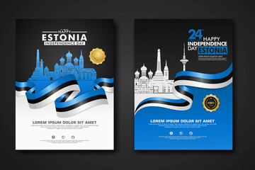 Set poster design Estonia happy independence Day background template - obrazy, fototapety, plakaty