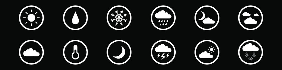 Weather icons set. Modern white pictograms forecast design apps. Trendy flat style vector illustration isolated on black background. EPS 10