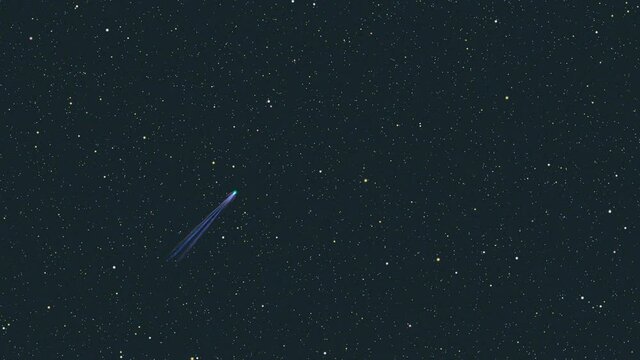 Bright comet moving through the heavens, WIDE SHOT.