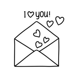 Open envelope with hearts and lettering. Black silhouette on white background. Congratulatory love message in doodle style. I love you. Element for greeting card, poster, sticker and seasonal design.