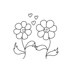 Lovers are two flowers with hearts in the doodle style. Congratulations on the day of engagement or Valentine's Day. Cartoon sketch. Element for greeting cards, posters, stickers and seasonal design.