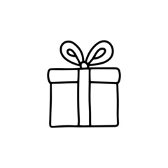 Gift box with a bow in the doodle style. Hand-drawn vector illustration. Black outline of a gift box isolated on a white background. Element for greeting cards, posters, stickers and seasonal design.