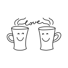 Funny mugs with hot drink in the doodle style. Handdrawn vector illustration. Black outline of mugs and lettering on white background. Element for greeting cards, posters, stickers and seasonal design