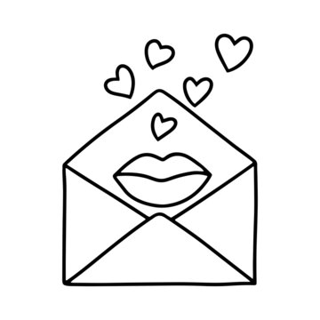 Open envelope with lips and hearts. A congratulatory love message in doodle style. Black outline on a white background. An element for greeting cards, posters, stickers and seasonal design.