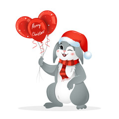 Christmas bunny in santa hat with balloons. Year of rabbit. Chinese New year 2023 symbol. Vector illustration in cartoon style. Design element for greeting cards, holiday banner, decor.