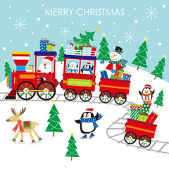 christmas train with santa. snowman, penguin, deer and gifts