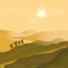 Travelers in the mountains, climbing a group of climbers. Vector illustration of adventure tourism and travel, discoveries, research, hiking.