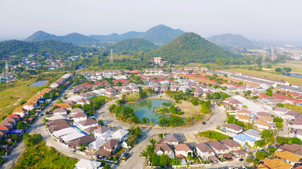 Aerial view of residential neighborhood. Urban housing development from above. Top view. Real estate in urban city town. Property real estate.