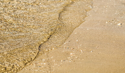 Flowing wave on the sea sandy beach. Summer vacation background