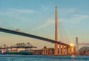 Cargo port and bridge in Hong Kong city