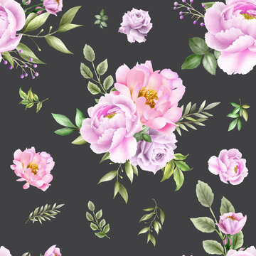 Seamless pattern with elegant flowers and leaves watercolor
