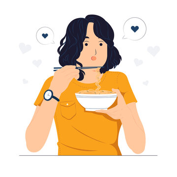 Asian young beautiful woman holding a bowl of noodles and eating hot and spicy instant noodles with chopsticks concept illustration