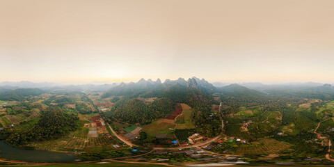 360 panorama by 180 degrees angle seamless panorama of aerial top view of forest trees and green...