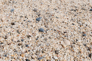 The sand on the beach is fine, natural stone. Concept of sandy stone wallpaper, background and decor, light brown color.