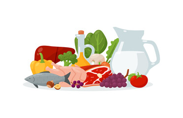 Healthy nutrition consisting of vegetables, meat and fish protein and dairy, still life vector illustration.