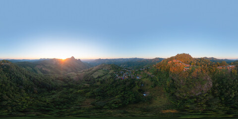 360 panorama by 180 degrees angle seamless panorama of aerial top view of forest trees and green mountain hills. Nature landscape background, Thailand.