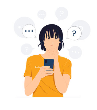 Girl feeling confused while holding a smart phone with questioned, thinking, and confused with question mark looking up with thoughtful focused expression concept illustration