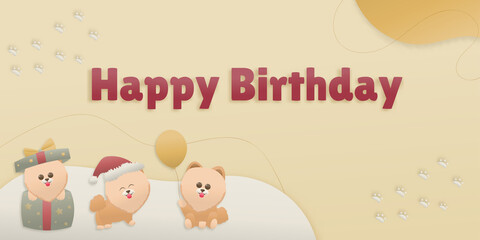 Birthday card, 3 dog characters brown, birthday celebration theme. dog sitting in a gift box, a dog holding a balloon, happy smiling dog, paper and papercraft style vector illustration