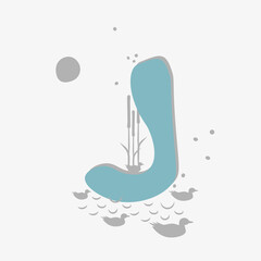 Minimalistic pattern in an oriental style in form of letter J. Flock of birds, ducks flying, reeds growing by lake. Abstract objects, spots, points, shadows. Vector illustration, for logo design
