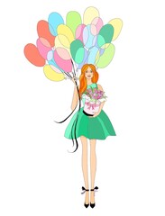 Redhead girl and colored balloons