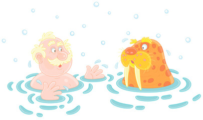 Funny sportsman winter-swimmer together with a big mustached walrus in cold water of an ice-hole, vector cartoon illustration isolated on a white background