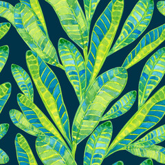 Watercolor tropical leaves seamless pattern on dark blue background