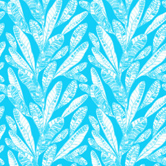 Blue tropical leaves seamless pattern, watercolor texture 
