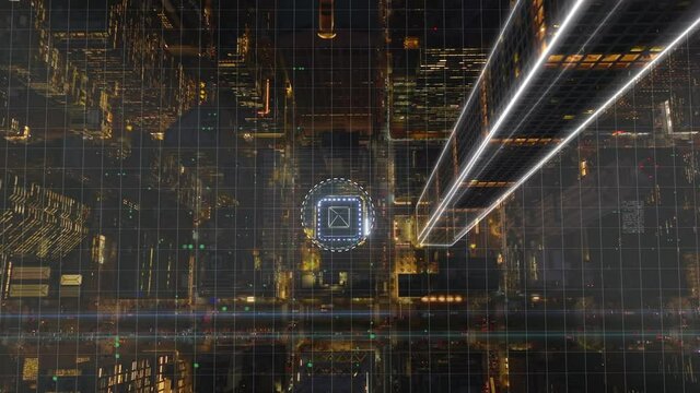 Data center controlling information in a illuminated city - 3d render animation