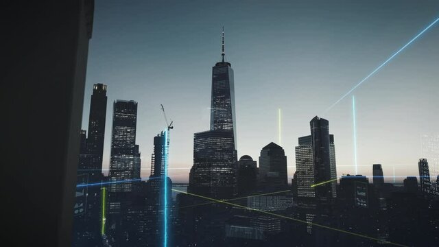 5g data network and data packages moving between buildings in a city - 3d render