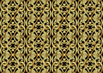 Interlacing abstract ornament in the medieval, romanesque style. Seamless pattern, backgroundin gold and black. ector illustration.