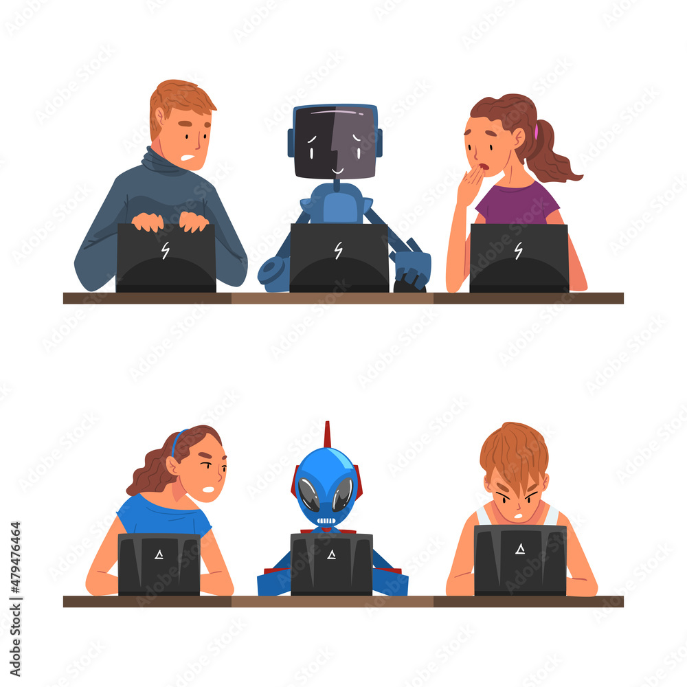 Sticker Man and Woman Employee Competing with Robot Working at Laptop Vector Set