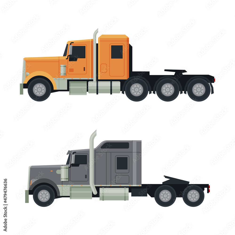 Poster tractor unit as heavy-duty towing engine for hauling semi-trailer side view vector set