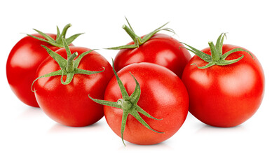 five ripe tomatoes on white isolated background