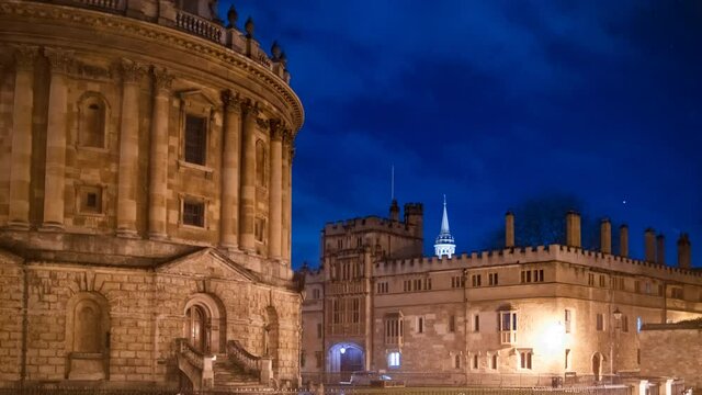 Night timelapse view of the famous Radcliffe Camera and University Colleges in Oxford, England, UK, , the oldest university in the English-speaking world