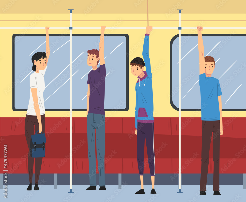 Sticker people character traveling inside electrical train holding handrail vector set