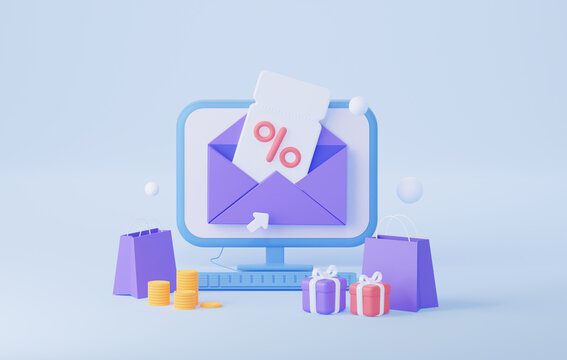 Newsletter about the new sale and coupons. A computer with an open letter package and gifts. 3d render