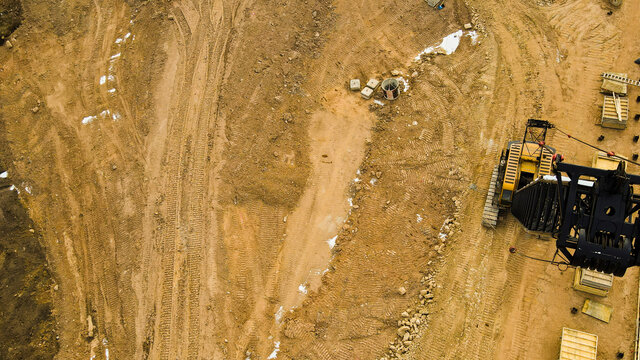 Construction Crane Perspective At Work Site. Construction Of New Highway