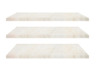 three light brown, beige color, marble shelf isolated on white background with clipping path for interior and display show products. studio room, exhibition