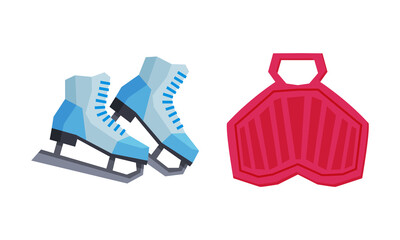 Ice Skates and Snow Saucer for Downhill Sliding and Surface Gliding Vector Set