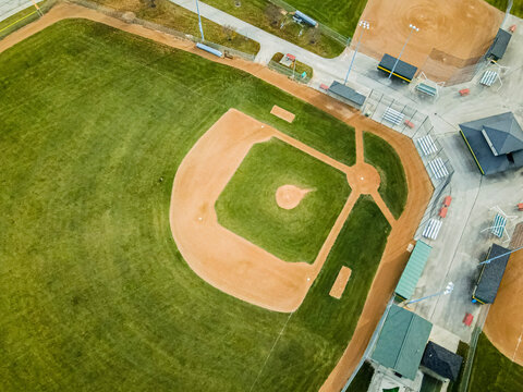 Aerial of a empty baseball field during autumn at a local park