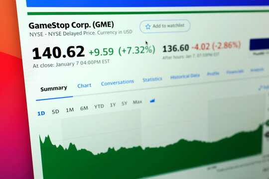 GameStop Corporation stock index is seen on computer screen. GameStop shares jump 20% on report it will launch NFT marketplace. PENANG, MALAYSIA - 10 JAN 2022.