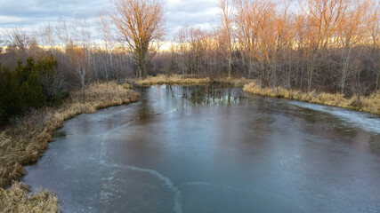 frozen natural pond in nature