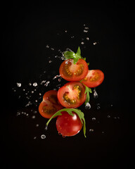 Levitation or flying of halved ripe red cherry tomatoes with arugula or rocket green leaves with...