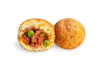 Two Arancini Italian rice balls or croquettes coated with bread crumbs, deep fried and stuffed with minced beef meat in tomato sauce and green peas isolated on white background, halved and whole one