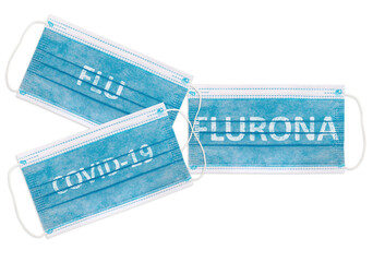 Face masks with inscriptions Flu, Covid 19, Flurona. Covid 19 alpha, beta, gamma, delta, lambda,...