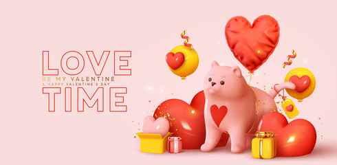 Fototapeta Happy Valentine's Day. Romantic creative composition. Realistic 3d Cartoon cute cat. Festive decorative objects, heart shaped balloons, gift box. Love time. vector illustration obraz