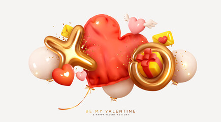 Happy Valentine's Day. Romantic creative composition. Vector Realistic 3d festive decorative objects, heart shaped balloons and XO Xo symbol whole hug, falling letter envelope, glitter gold confetti
