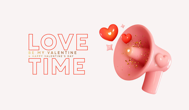 Happy Valentine's Day. Love time concept, realistic 3d megaphone, loudspeaker with red hearts and golden confetti. Vector illustration