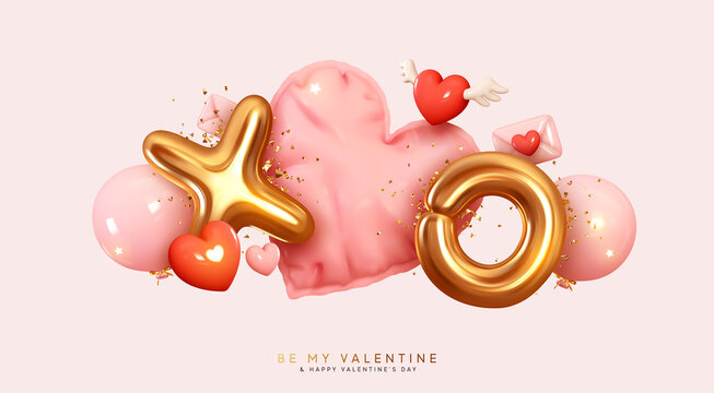 Happy Valentine's Day. Romantic creative composition. Vector Realistic 3d festive decorative objects, heart shaped balloons and XO Xo symbol whole hug, falling letter envelope, glitter gold confetti