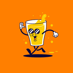 Vector illustration running trendy glass full of beer cartoon character. Retro vintage mascot cartoon logo.